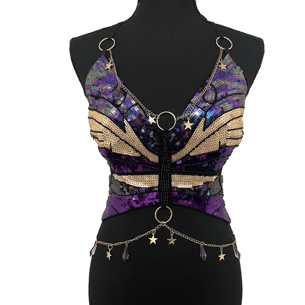 CLUB EXX Dolls Kill Womens Sz L/XL Glimmer Goddess Sequin Top Butterfly Festival